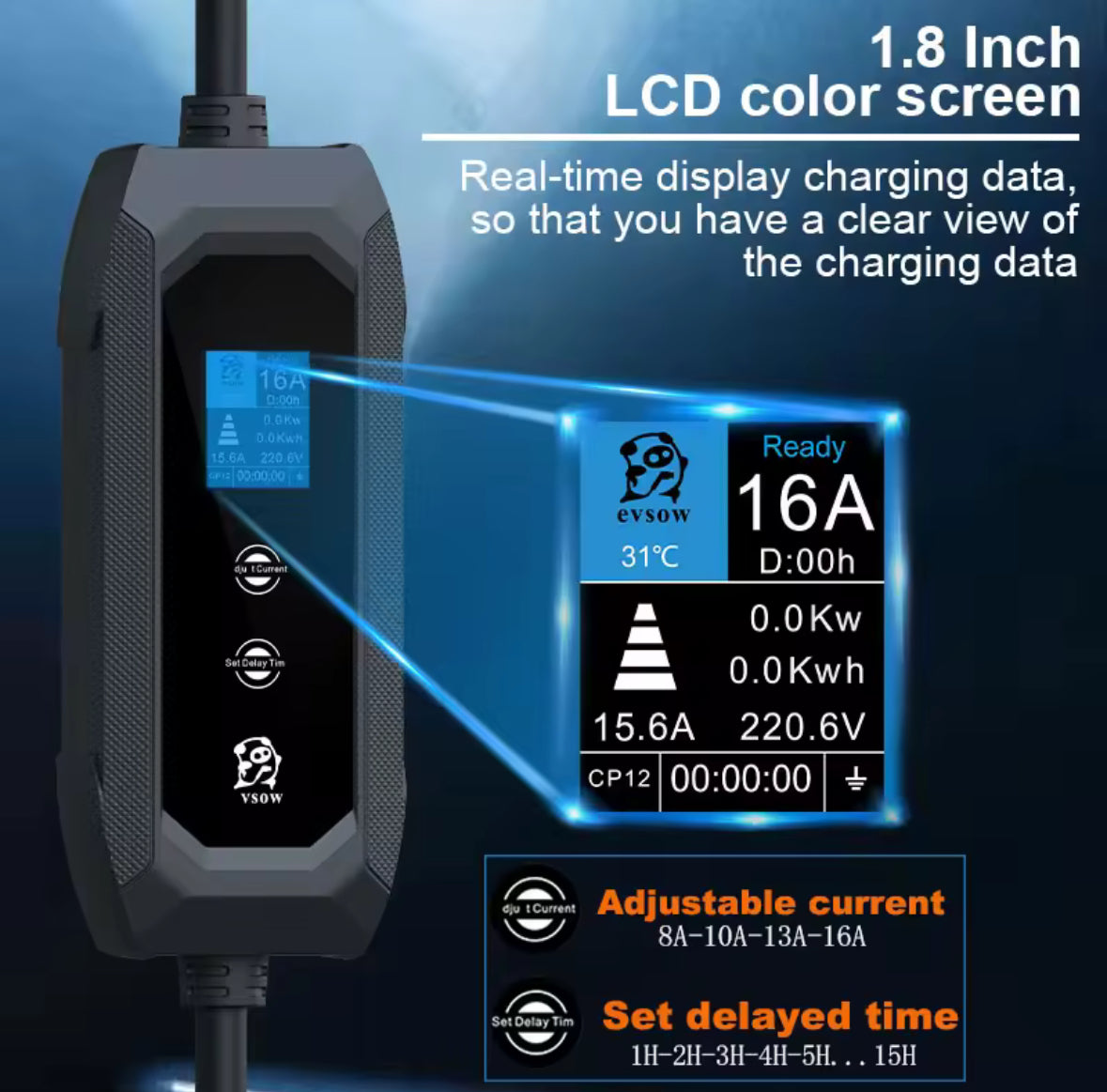 Cargador para casa móvil Evsow | Cargador para coche | Coche eléctrico de 3,7 kW | IP65 resistente al agua | 16 A monofásico | 5 metros | Tipo 2 desde enchufe UE - 8 A/10 A/13 A/16 A conmutable |