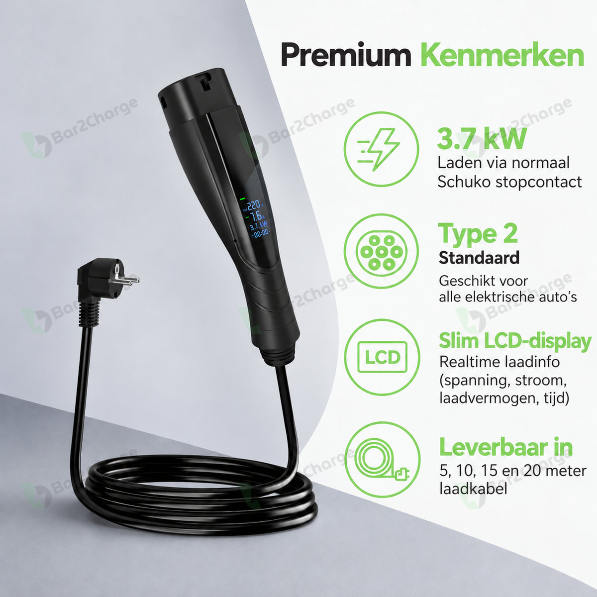 Bar2Charge Mobiele Thuislader 3,7 kW Type 2 – Digitale Laadstekker | 5–20 meter