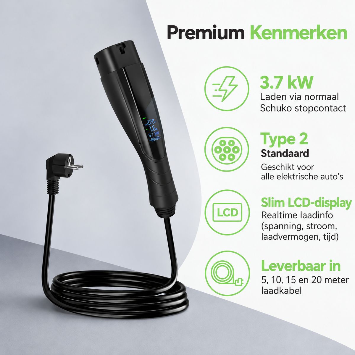Bar2Charge Mobiles Ladegerät für zu Hause 3,7 kW Typ 2 – Digitaler Ladestecker | 5–20 Meter