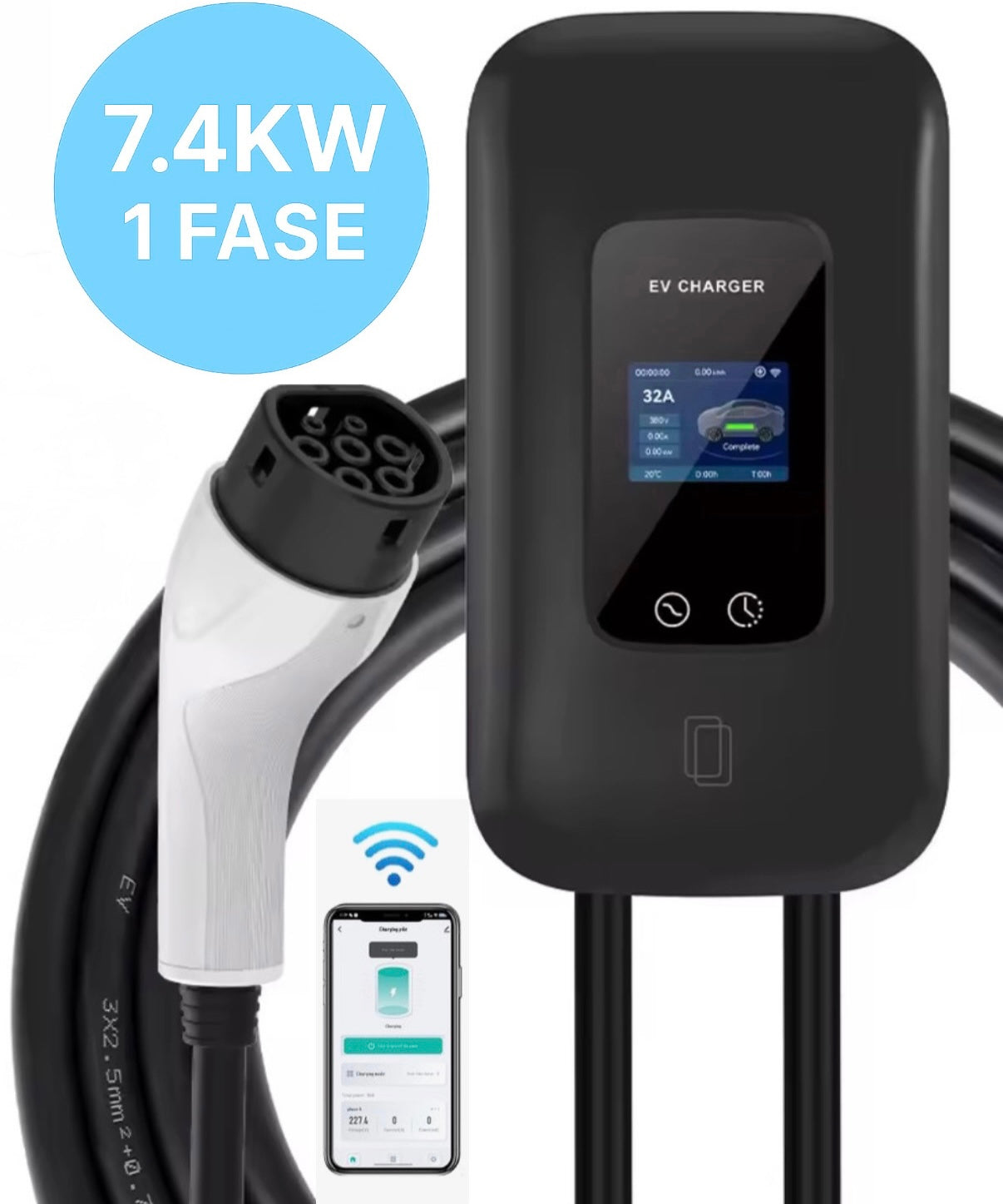 Estación de carga Bar2Charge de 7 kW, monofásica, tipo 2, cable de 5 m, control por app, resistente al agua IP65, para coches eléctricos e híbridos