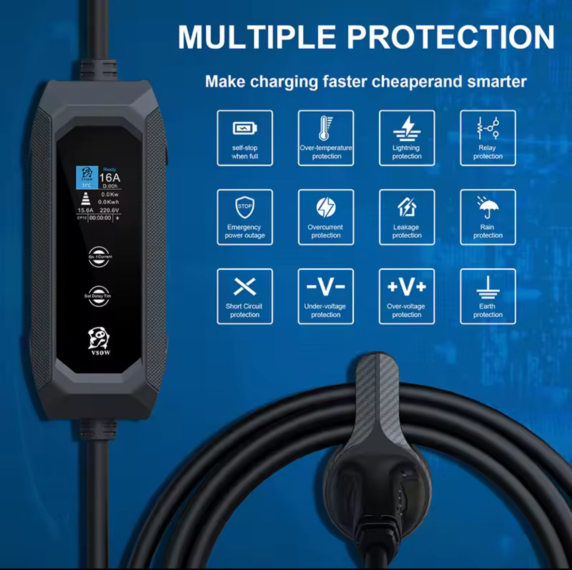 Cargador para casa móvil Evsow | Cargador para coche | Coche eléctrico de 3,7 kW | IP65 resistente al agua | 16 A monofásico | 5 metros | Tipo 2 desde enchufe UE - 8 A/10 A/13 A/16 A conmutable |