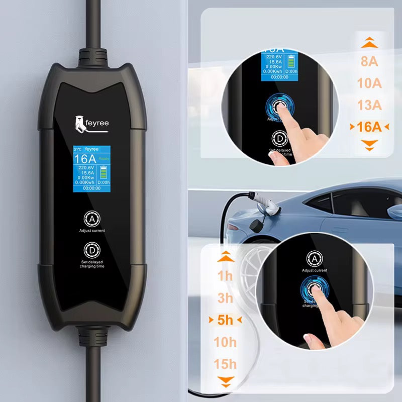 Chargeur mobile Feyree pour voiture électrique 3,7 kW, étanche IP66, 16 A, monophasé, 5 mètres, 8 A/16 A, charge différée commutable