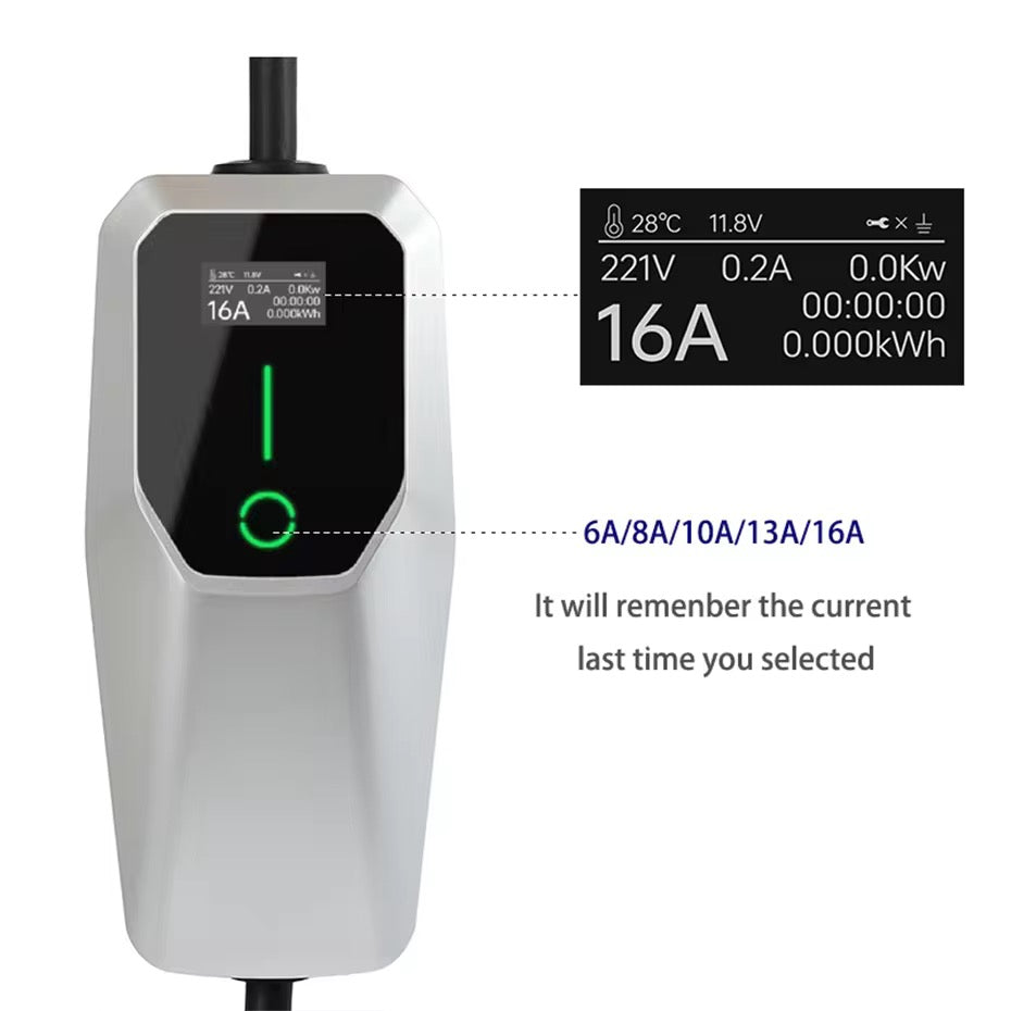 Junsun Mobile Home Charger Electric Car 3.5kW | IP65 Waterproof | 16A 1 Phase | 4 Meters | Home Charger Type 2 from EU socket - 8A/10A/13A/16A Switchable |