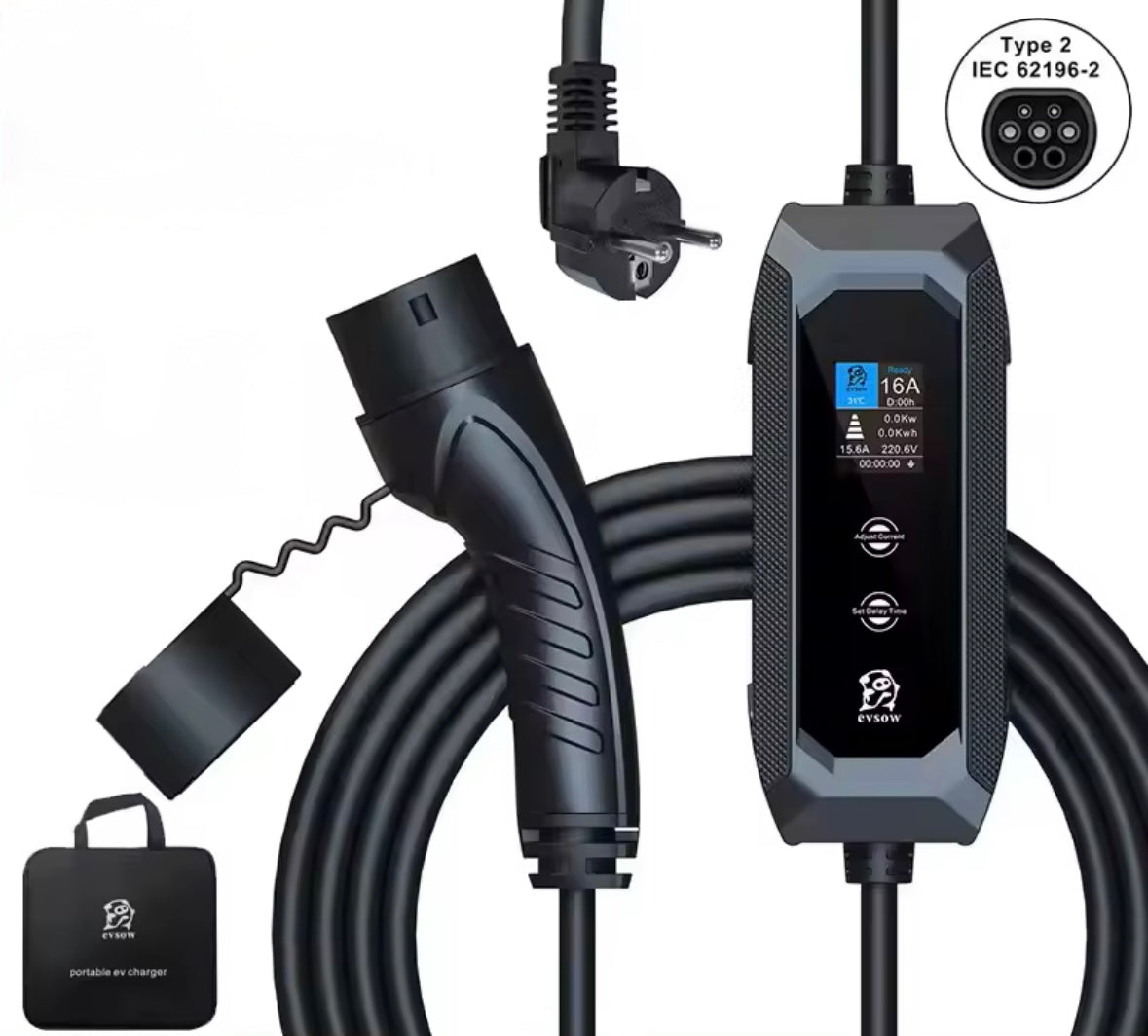 Cargador para casa móvil Evsow | Cargador para coche | Coche eléctrico de 3,7 kW | IP65 resistente al agua | 16 A monofásico | 5 metros | Tipo 2 desde enchufe UE - 8 A/10 A/13 A/16 A conmutable |