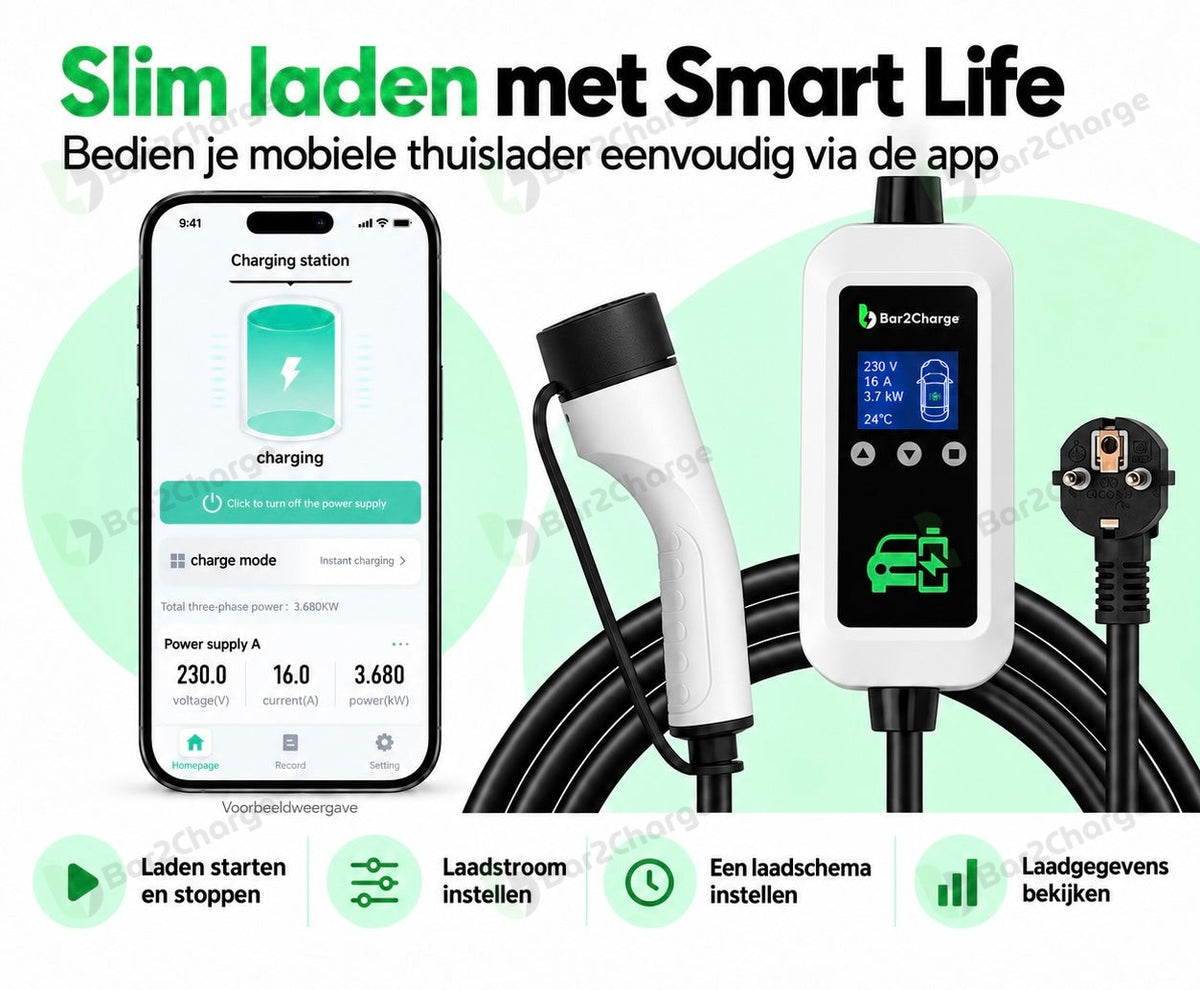 Caricatore domestico mobile intelligente Bar2Charge Flex | Tipo 2 | 3,7 kW | app | 5, 10 o 15 metri