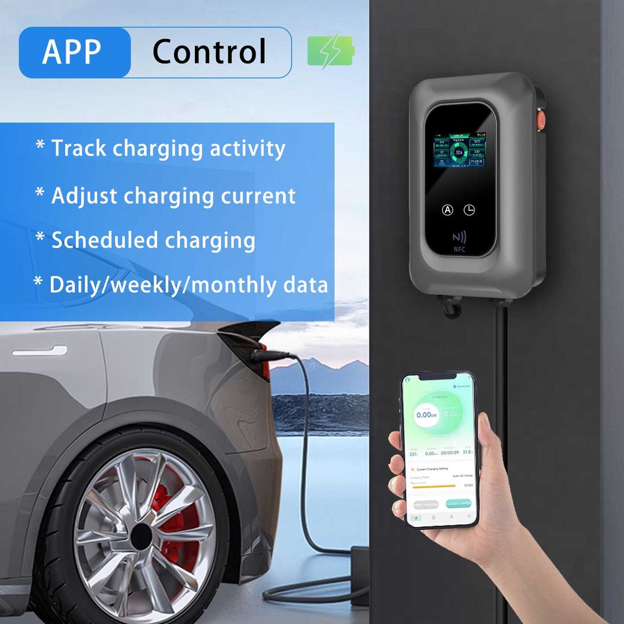 Laadpaal 7 kW Type 2 – 1 Fase | Laadkabel 5m of 10m | RFID, App & Timer | IP54