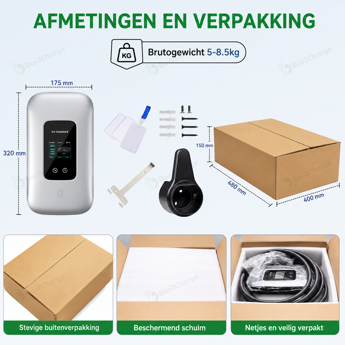 Bar2Charge L6 Pro 11 kW Laadpaal Zilver – 6 meter