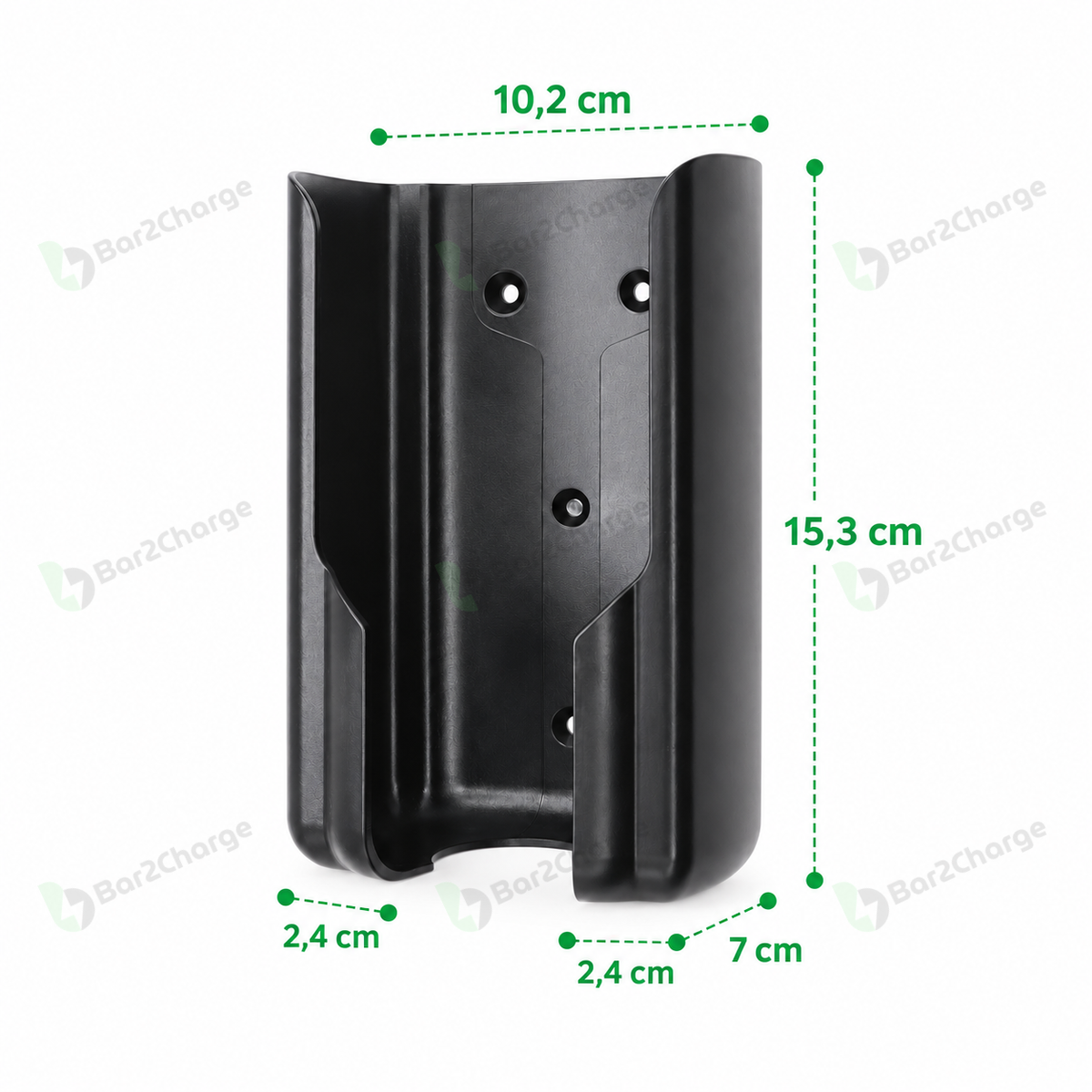 Afmetingen van de Bar2Charge houder voor mobiele thuisladers: 15,3 cm hoog, 10,2 cm breed en 7 cm diep