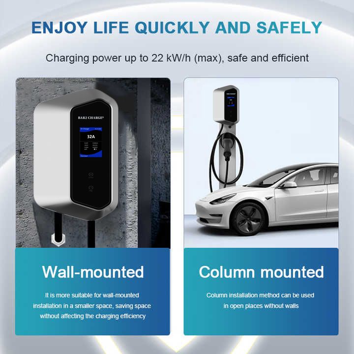 Borne de recharge murale Bar2Charge 7,4 kW – Monophasée – Voiture électrique – Câble de 5 m – Application et RFID