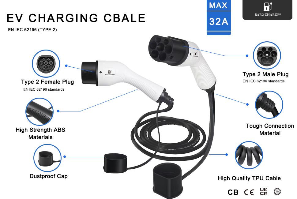 Bar2Charge 22kW Ladekabel Typ 2 – 3-phasig | 32A | 5 Meter | IEC 62196 | Mit Staubschutzhülle und TPU-Schutz