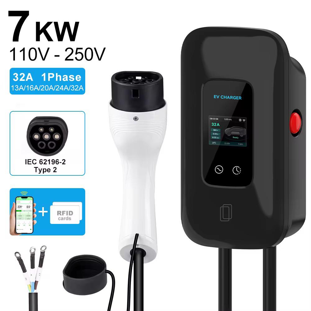 Estación de carga Bar2Charge de 7 kW, monofásica, tipo 2, cable de 5 m, control por app, resistente al agua IP65, para coches eléctricos e híbridos