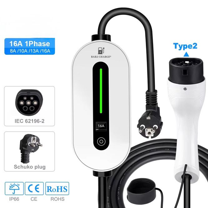 Cargador móvil para casa Bar2Charge de 3,7 kW | Resistente al agua IP66 | 16 A monofásico | Cable de 5 m | Cargador de pared tipo 2 | Conmutable de 8 a 16 A | Incluye bolsa
