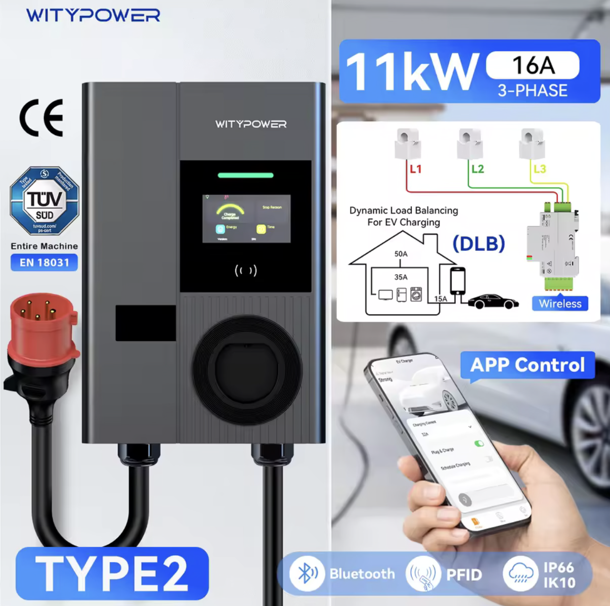 Bar2Charge WityPower Laadpaal 7,4/11 kW | Type 2 Kabel 5 Meter | App & RFID