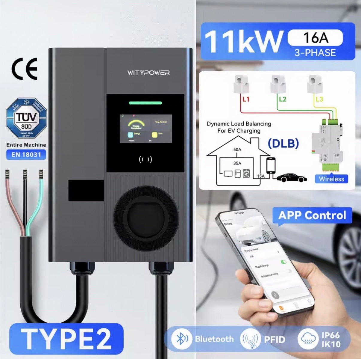 Bar2Charge WityPower Laadpaal 7,4/11 kW | Type 2 Kabel 5 Meter | App & RFID