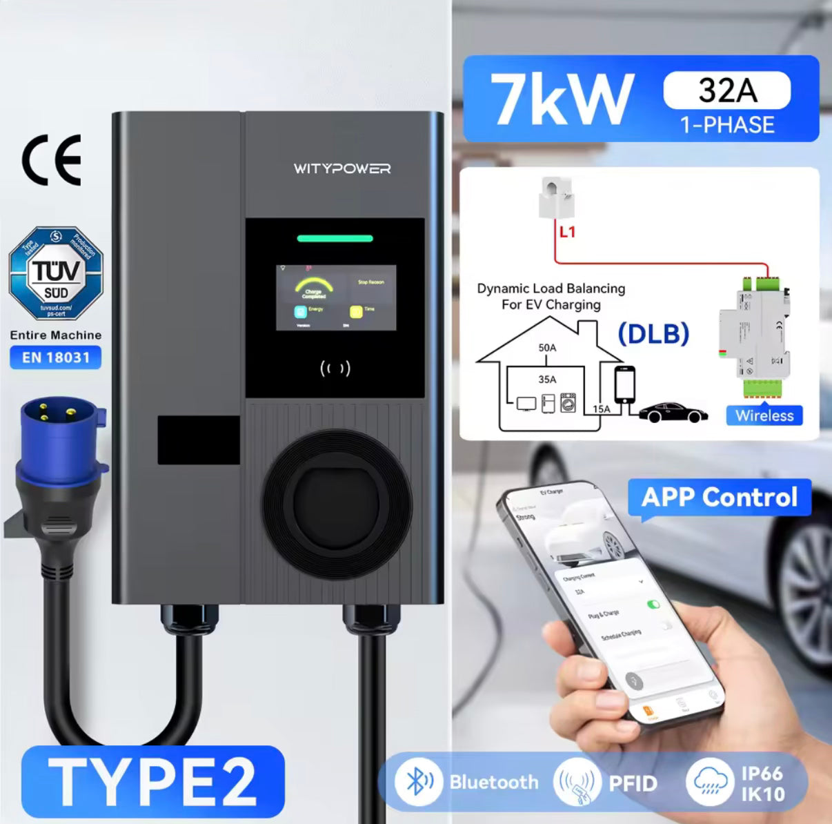 Bar2Charge WityPower Laadpaal 7,4/11 kW | Type 2 Kabel 5 Meter | App & RFID