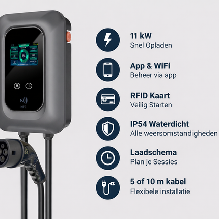 Laadpaal 11 kW Type 2 – 3 Fase | Laadkabel 5m of 10m | RFID, App & Timer | IP54