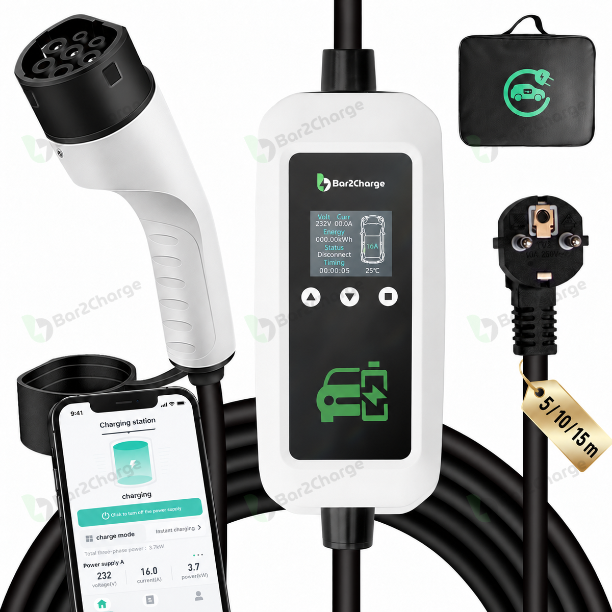 Bar2Charge Flex Smart mobile home charger | Type 2 | 3,7 kW | app | 5, 10 or 15 meters