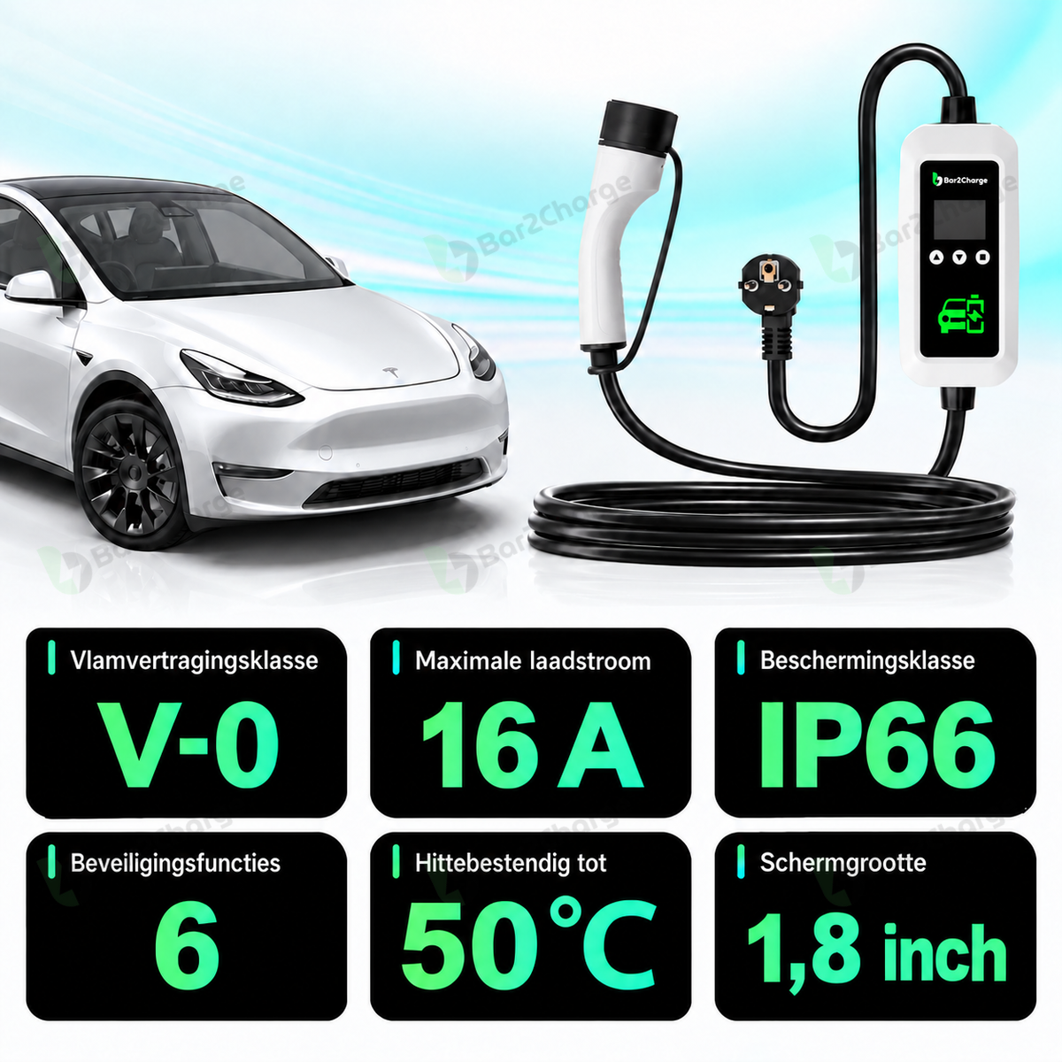 Bar2Charge Flex Smart mobile home charger | Type 2 | 3,7 kW | app | 5, 10 or 15 meters
