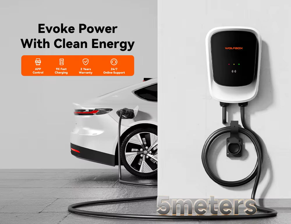 Wolfbox laadpaal 7 kW, 1-fase 32 A, Type 2, met 5 meter laadkabel, app en RFID