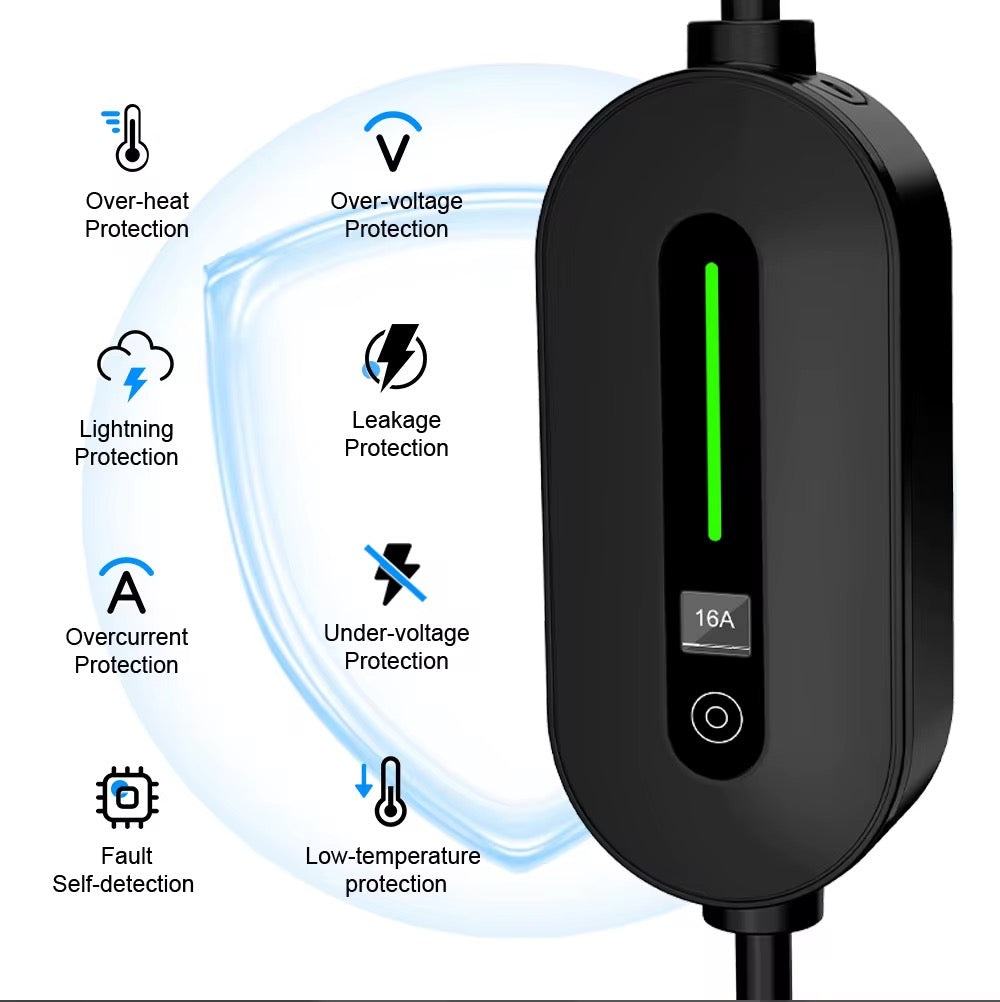 Veiligheidsfuncties van de zwarte Bar2Charge A8 Pro mobiele thuislader