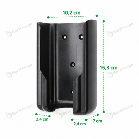 Afmetingen van de Bar2Charge houder voor mobiele thuisladers: 15,3 cm hoog, 10,2 cm breed en 7 cm diep
