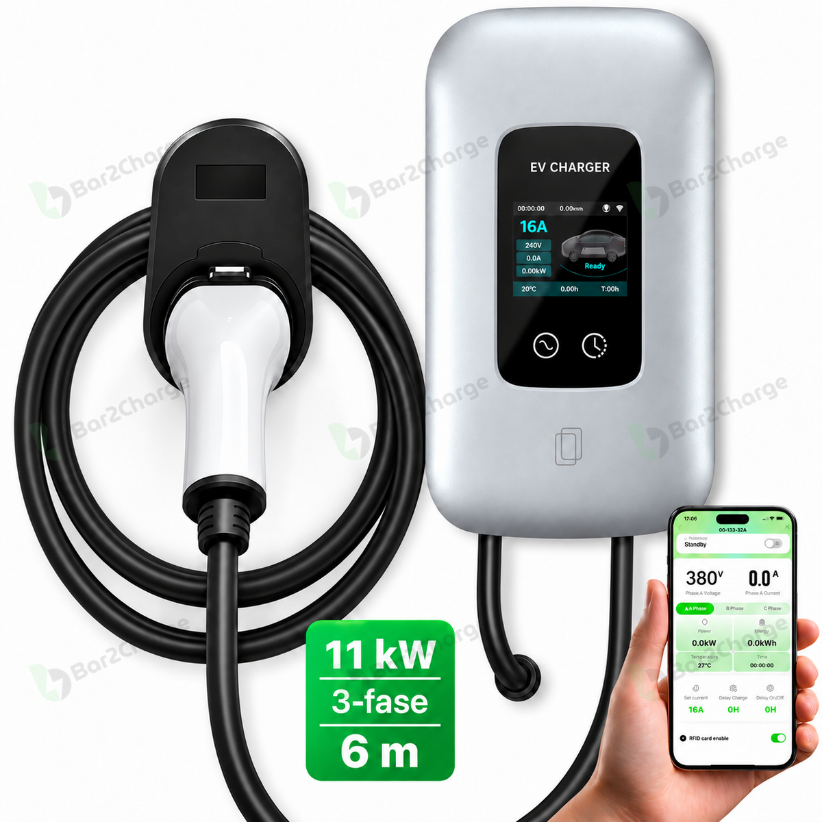 Bar2Charge L6 Pro 11 kW laadpaal zilver – 3-fase 16A met 6 meter laadkabel en app