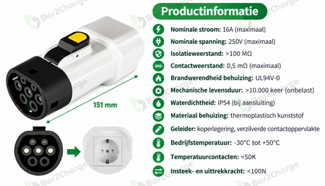 Bar2Charge Nova 16 productinformatie voor Type 2 V2L-adapter met Schuko-stopcontact