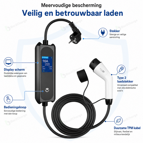 Bar2Charge ST-E210 met LCD-scherm, Schuko-stekker en Type 2-laadstekker