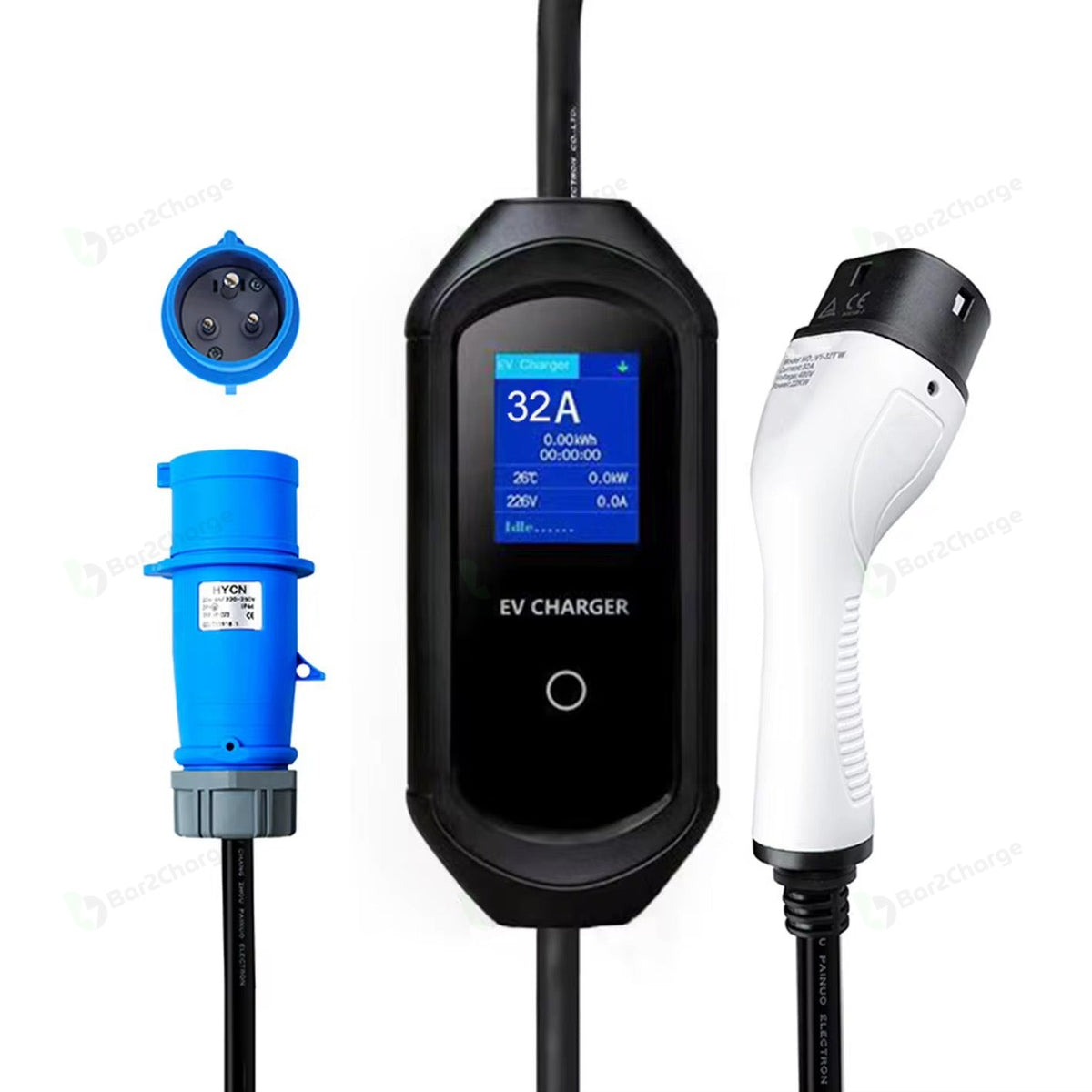 Bar2Charge 7,4 kW mobiele thuislader met 32A CEE-stekker, LCD-scherm en Type 2-laadstekker