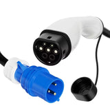 Type 2-laadstekker en blauwe 32A CEE-stekker van de Bar2Charge mobiele thuislader