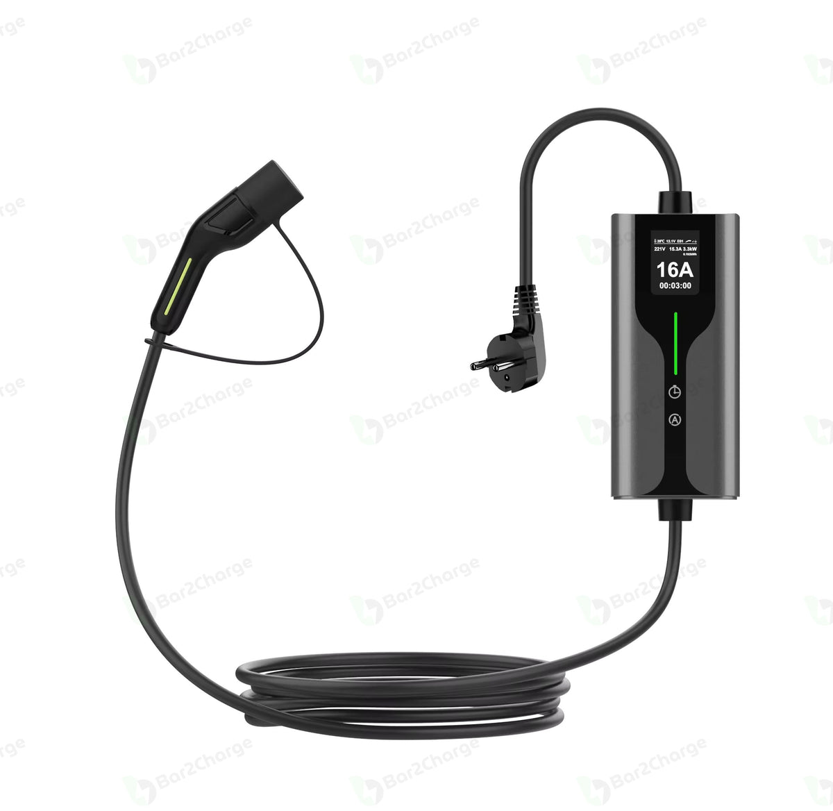 Bar2Charge Type 2-thuislader met LCD-scherm, Schuko-stekker en vaste laadkabel