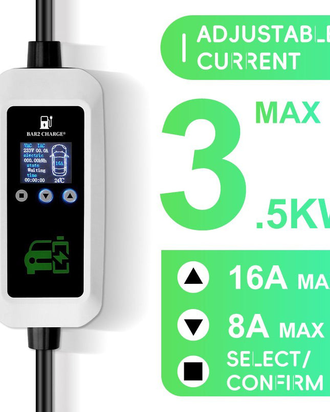 Bar2Charge 3,7kW Mobiles Heimladegerät Typ 2 5m Kabel 16A 1-phasig IP66 wasserdicht Einstellbar 8A-16A Verzögerte Ladefunktion