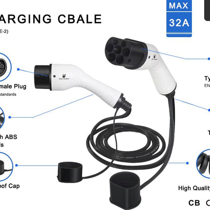 Bar2Charge 22kW Charging Cable Type 2 – 3-phase | 32A | 5 meters | IEC 62196 | With dust cover and TPU protection