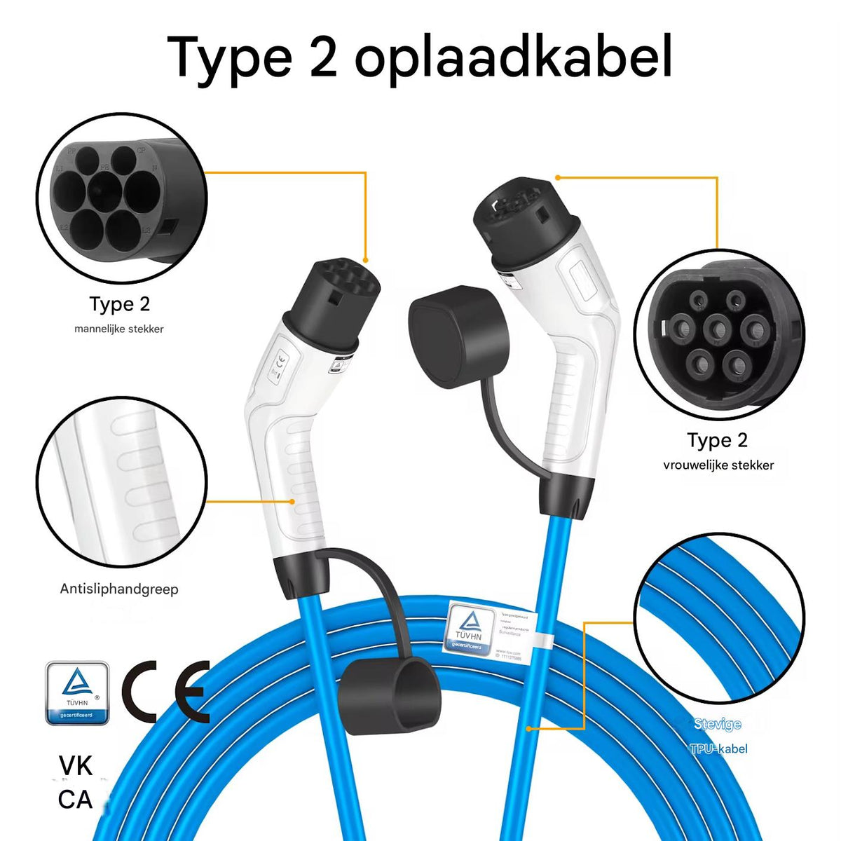 Blauwe Type 2 laadkabel met een lengte van 7,5 meter