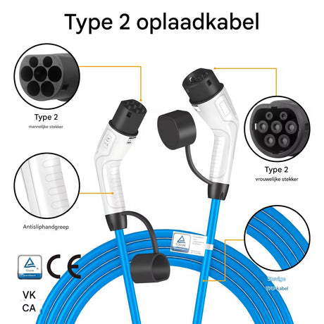 Blauwe Type 2 laadkabel met een lengte van 7,5 meter