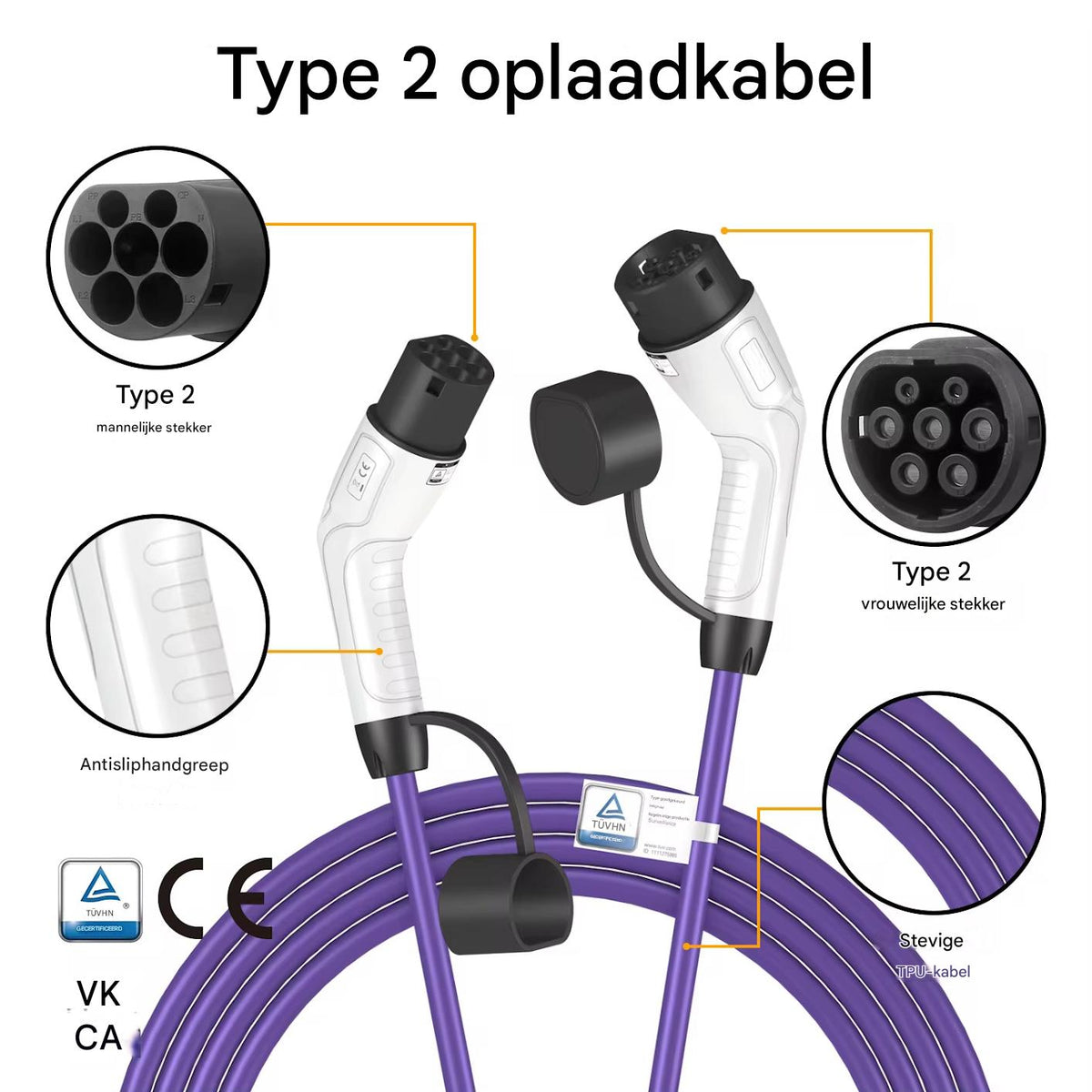 Paarse Type 2 laadkabel met een lengte van 7,5 meter