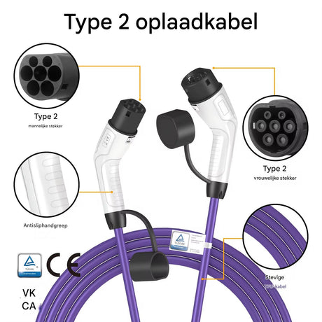 Paarse Type 2 laadkabel met een lengte van 7,5 meter